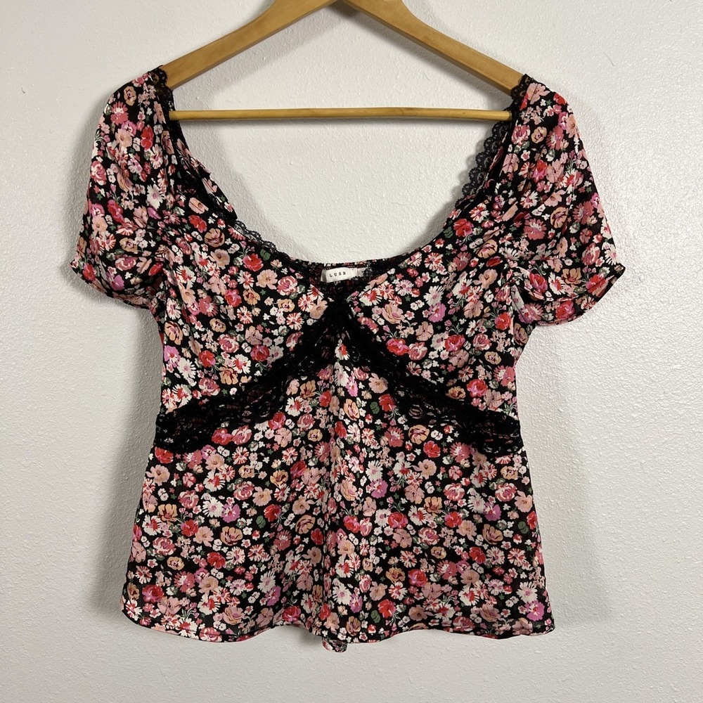 Lush Floral‎ Lace Trim Top Womens Large Smocked Back Cold Shoulder Black Pink